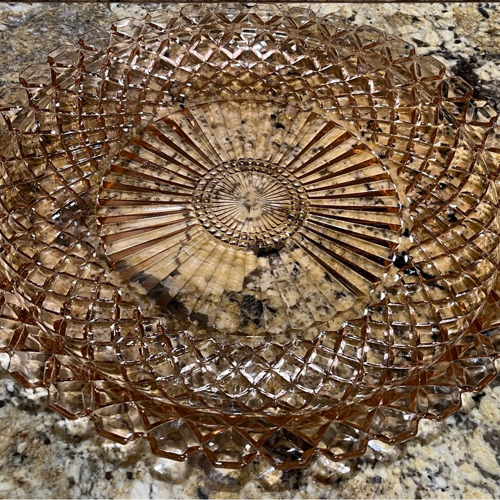 Vintage Anchor Hocking Pink Glass Diamond Cut Serving Platter Sun Burst